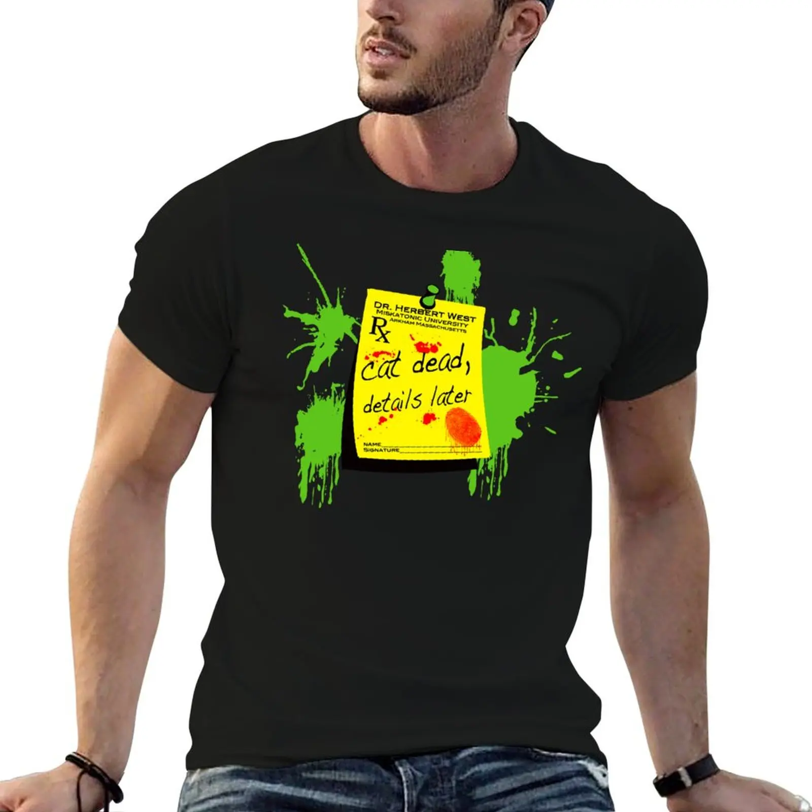 ReAnimator Cat Dead, Details Later Sticker T-Shirt Funny t-shirt boys animal print mens white t shirts