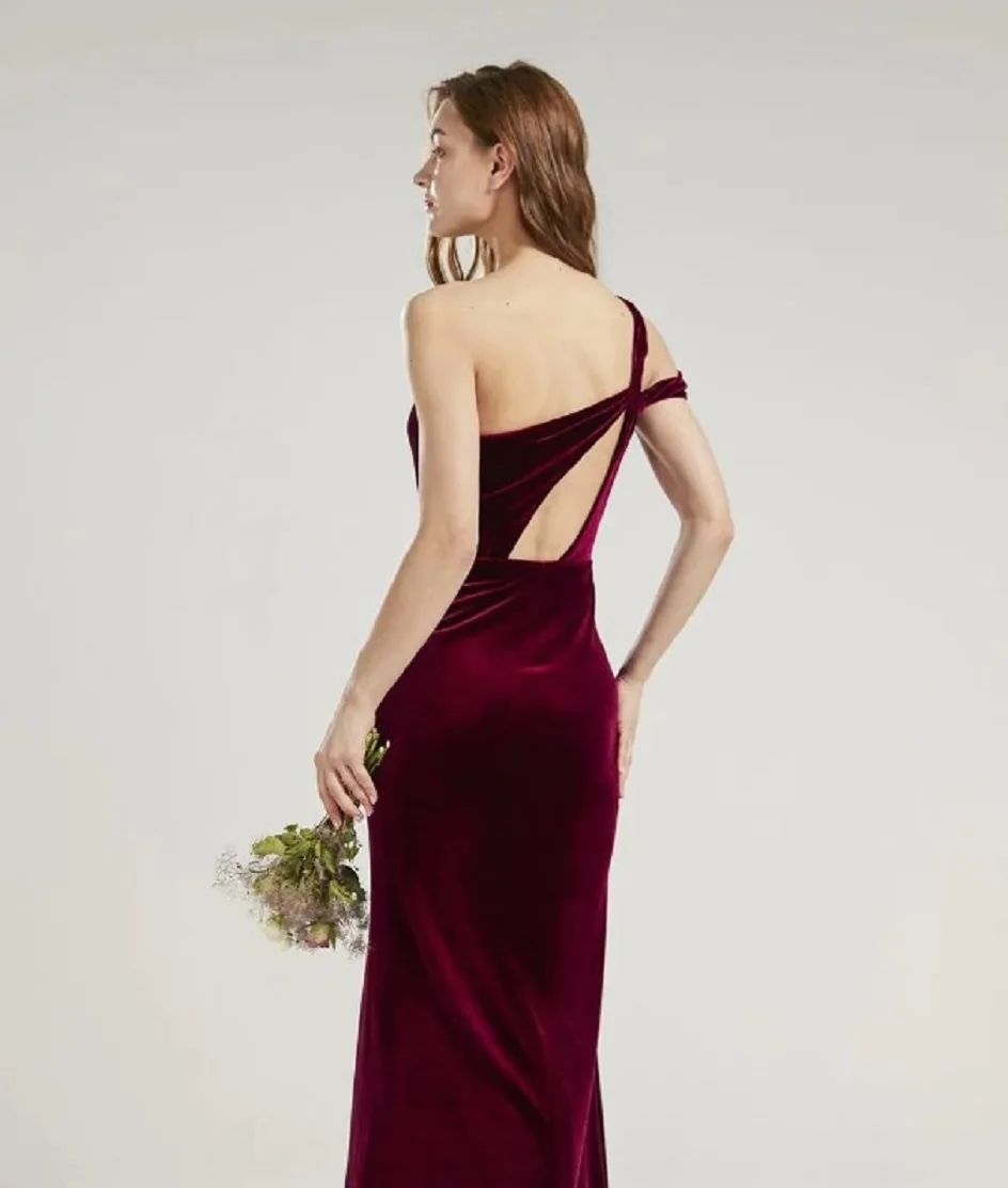 베시넬 맞춤형 원숄더 슬리브리스 벨벳 이브닝 드레스 백리스 사이드 슬릿 버건디 스위트하트 머메이드 프롬 가운