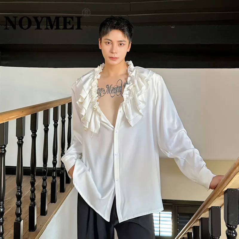 NOYMEI Ruffles Loose Elegant Men's Shirt 2024 Autumn New V Neck Single-breasted Solid Color Casual Fashion Blouses WA5750