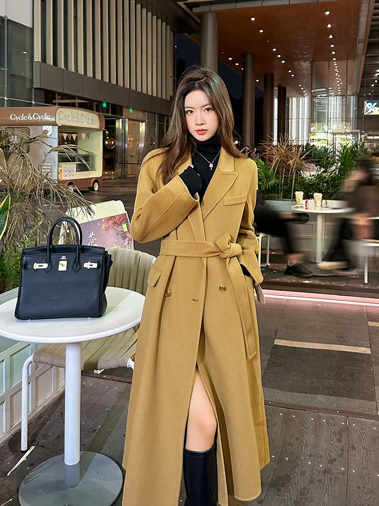 

Двустороннее шерстяное пальто цвета хаки для женщин, длинное, зимнее, стройнящее, элитное, модное, для повседневной носки, в корейском стиле