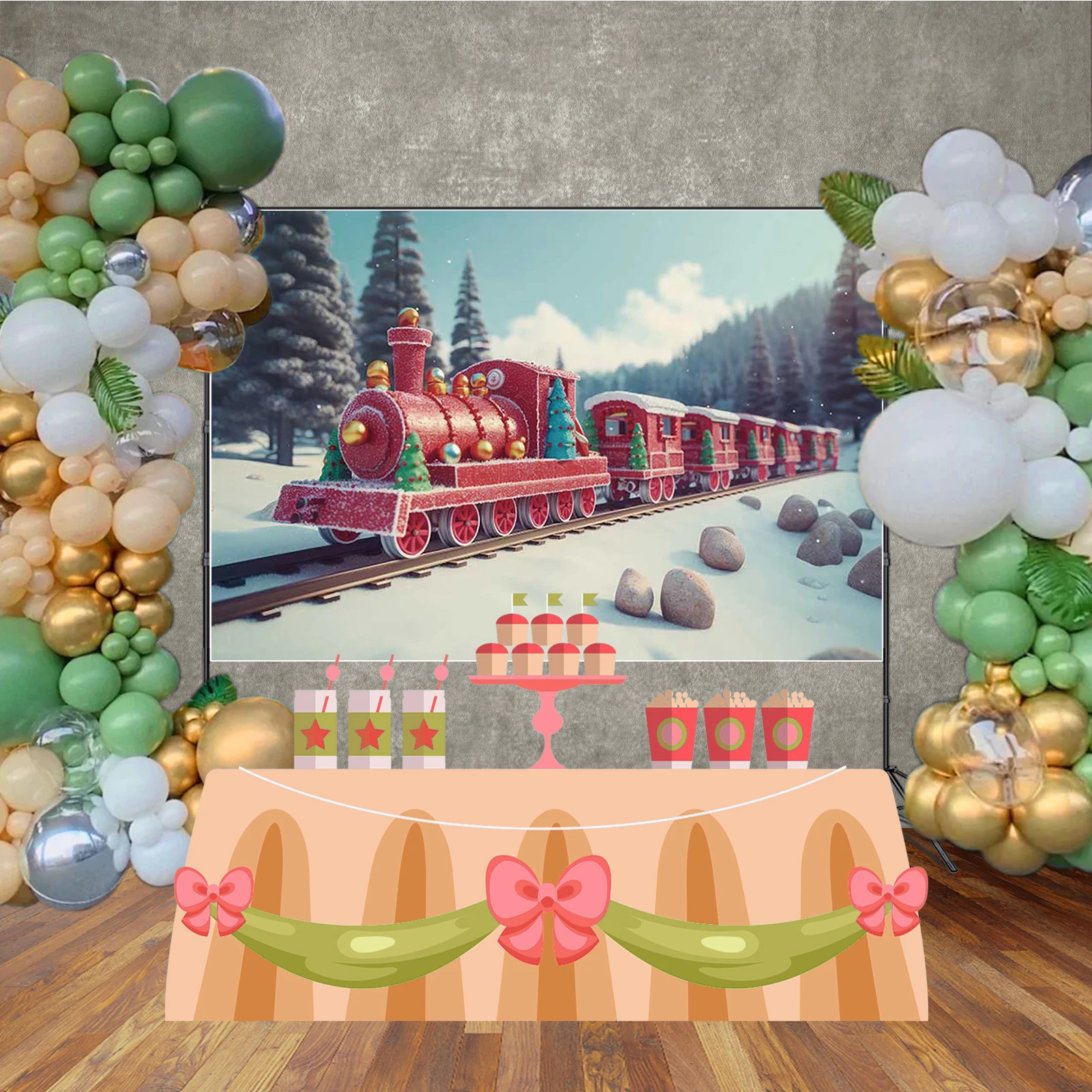 MOON.QG メリークリスマス写真撮影の背景幕レッドトレイン雪の森写真撮影の背景写真壁紙装飾 Photozone