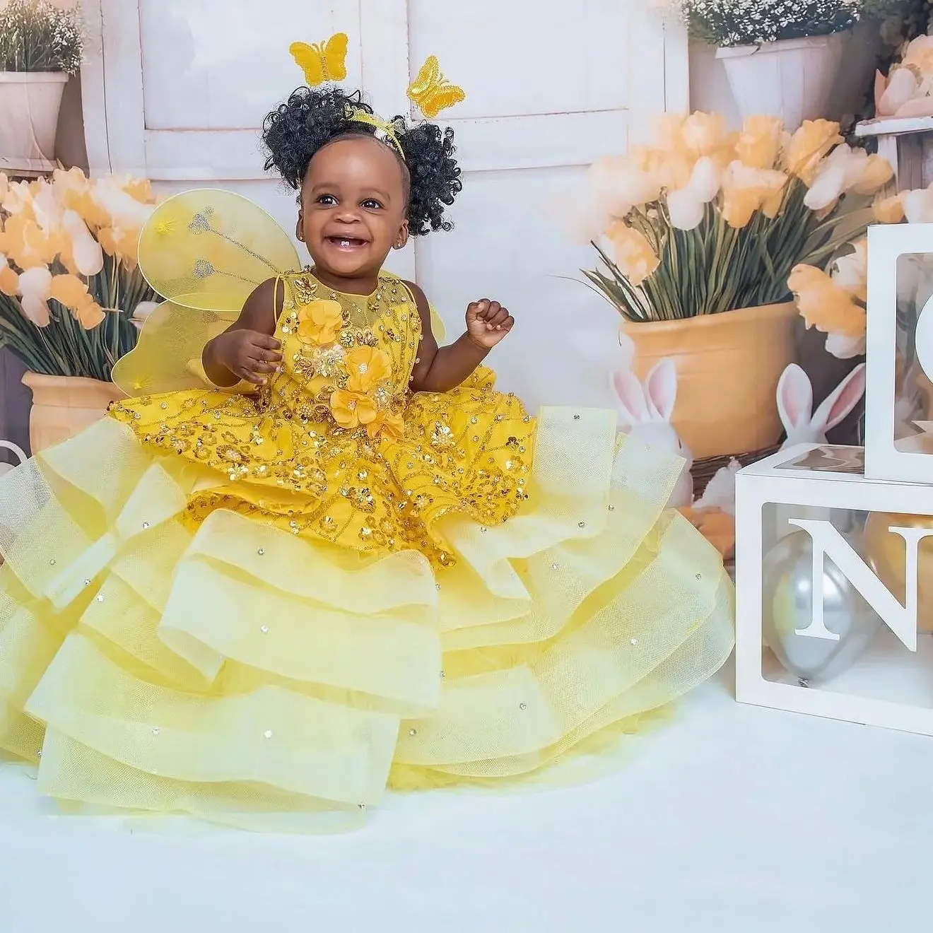 Litter princesa vestido de festa de aniversário amarelo vestido de baile crianças vestidos de meninas de flor para casamento crianças bebê menina photoshoot vestidos