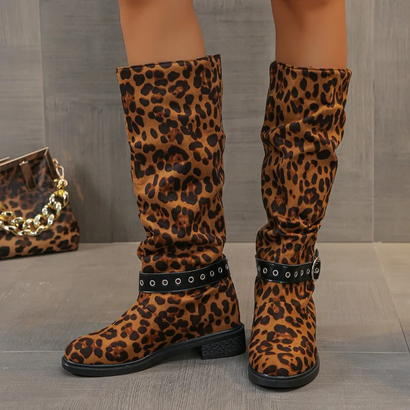 Winter New Coarse Heel Cotton Boots Women's Round Head Suede Leopard Belt Buckle Anti-slip Wear-resistant High Boots