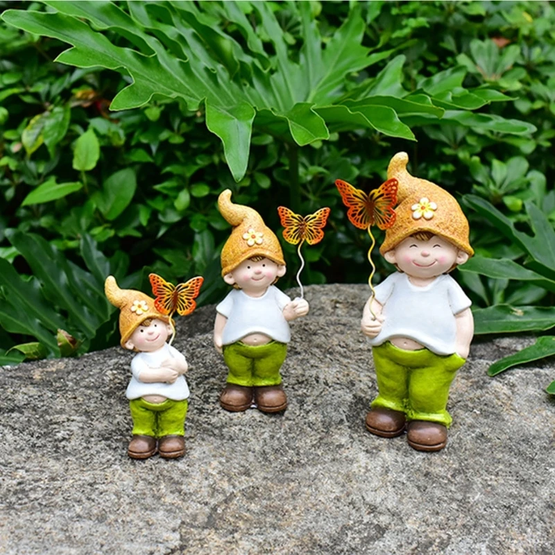 Little Boy with Butterfly Figurine Garden Statue Collection Model 3pc Elf Sculpture Micro Landscape Decor Indoor Outdoor