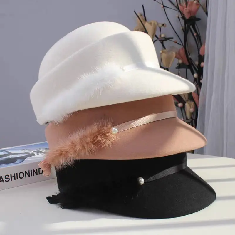 

2026 Women Hats Ribbon Band Belt Classic Dress Formal Women Hat Wide Brim Round Top Winter Hat New Sombreros De Mujer