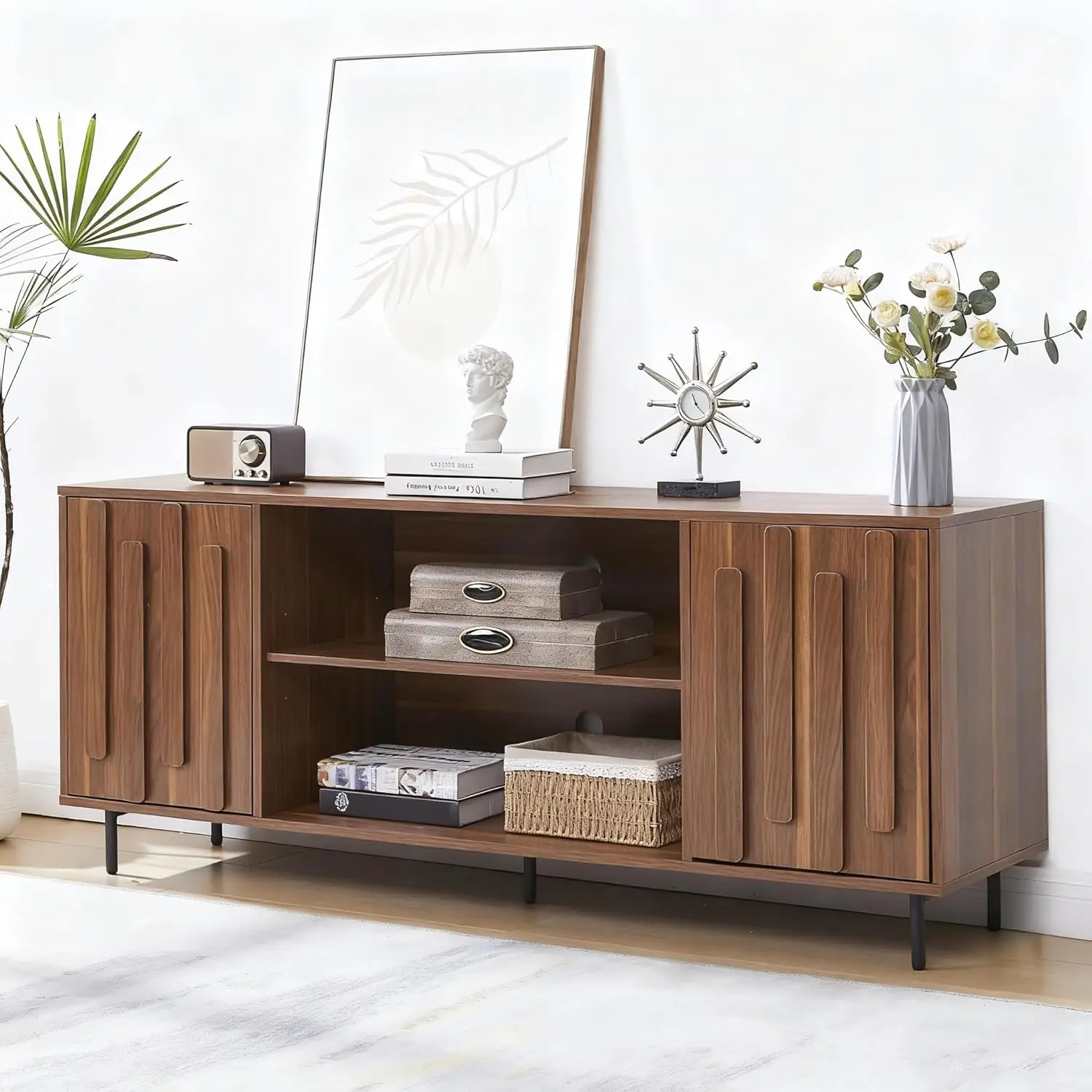 

Тумба под телевизор для гостиной, тумба для ТВ в стиле Mid-Century Modern для телевизоров 65, 60, 55 дюймов, рифленый медиацентр с местом для хранения