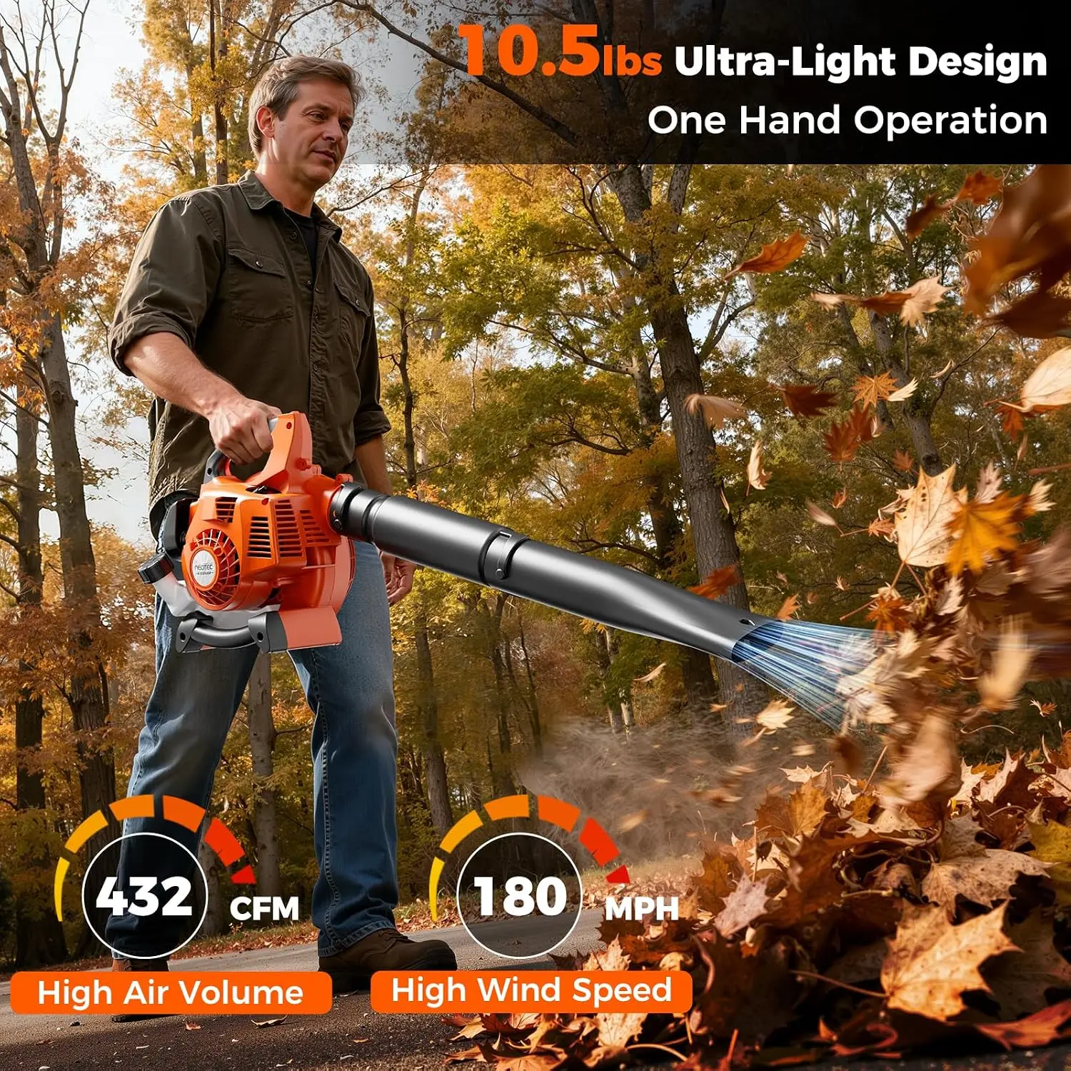 25.4cc 2-Cycle 3-in-1 Leaf Blower Vacuum Mulcher with Bag, 180 MPH 432 CFM Handheld Gas Powered Lightweight Lawn Care Tool, Grea