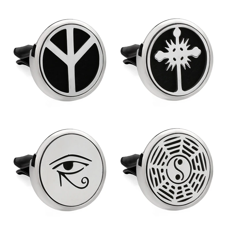 

Cross Evil eye Peace Logo Hollow Aromatherapy Car Perfume Diffuser Stainless Steel 30mm Locket Car Air Freshener Vent Clip