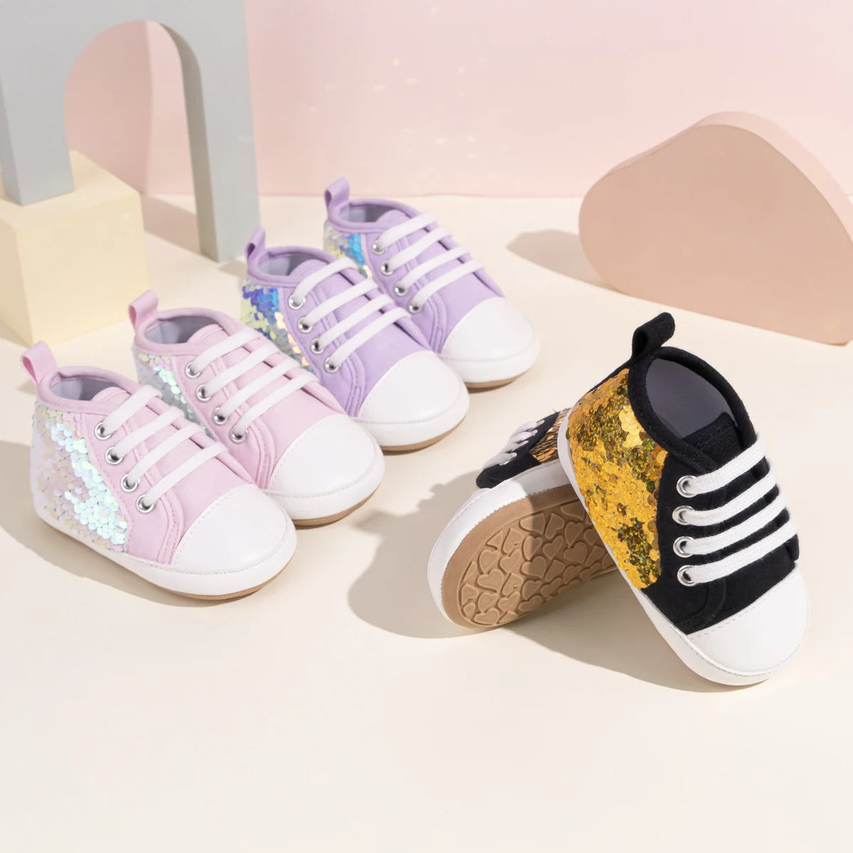 KIDSUN Four Seasons Bling Baby Canvas Shoes Newborn Basketball Baby Shoes Rubber Anti-slip Baby Boys Girls Sneakers High Top