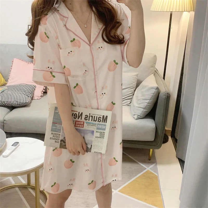 Women's Nightgowns Peach Cartton Rabbit Print Nightdresses Faux Silk Satin Sleepwear Pajama Sleepskirt 2024 Summer Nightskirt