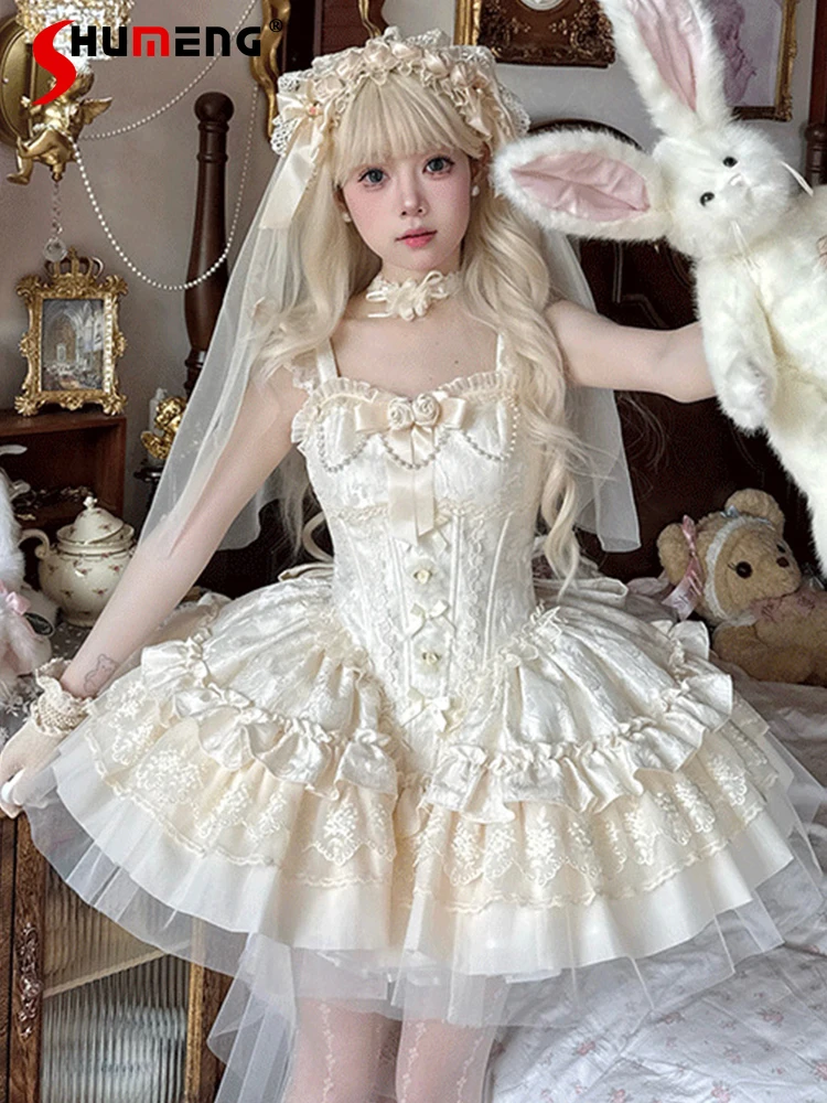 

Elegant Heavy Industry Ballet Lolita JSK Princess Dress Lace Splicing 3D Flower Bead Chain High Waist Kawaii Fluffy Dress Women