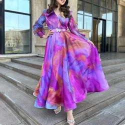 Spring Printing Wide Hem Dress Women's Clothes Long Sleeve Loose Maxi Dress Ankle Length Mesh High Waist