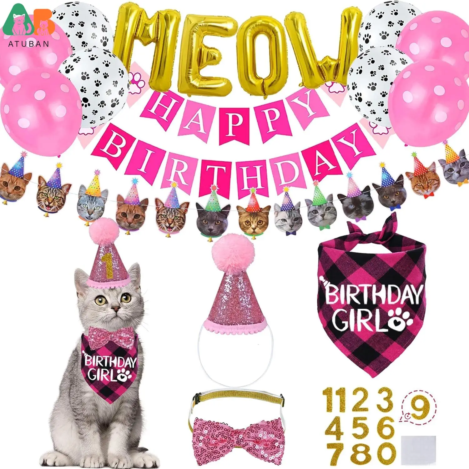 

Cat Birthday Party Supplies,Cat Birthday Hat with Cat Birthday Bandana Bow Tie Collar Birthday Number Cat Birthday Decorations