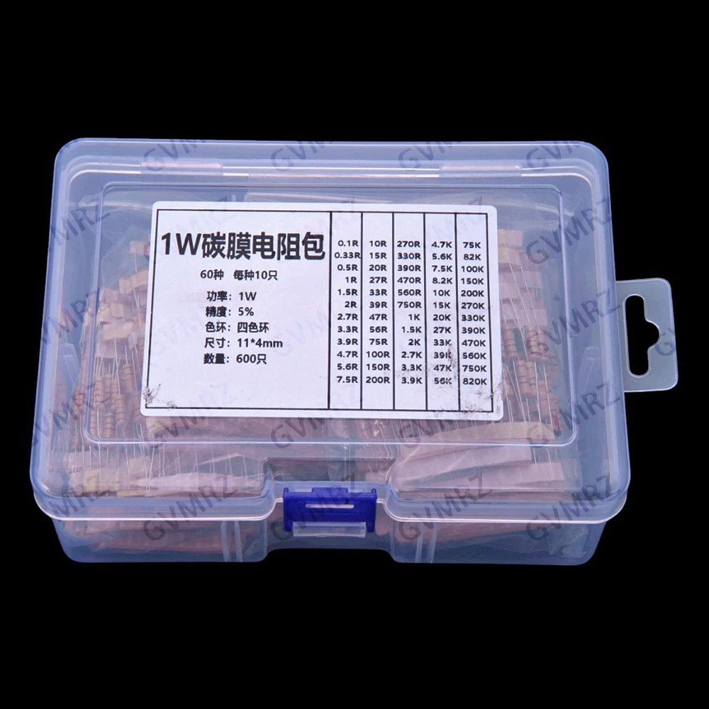 60Values 1K 2K 3K 1W 2W 3W 5W 5% Carbon film resistors kit dip 0.1R 100R 200R 300R 1K 2K 3K Resistor Component