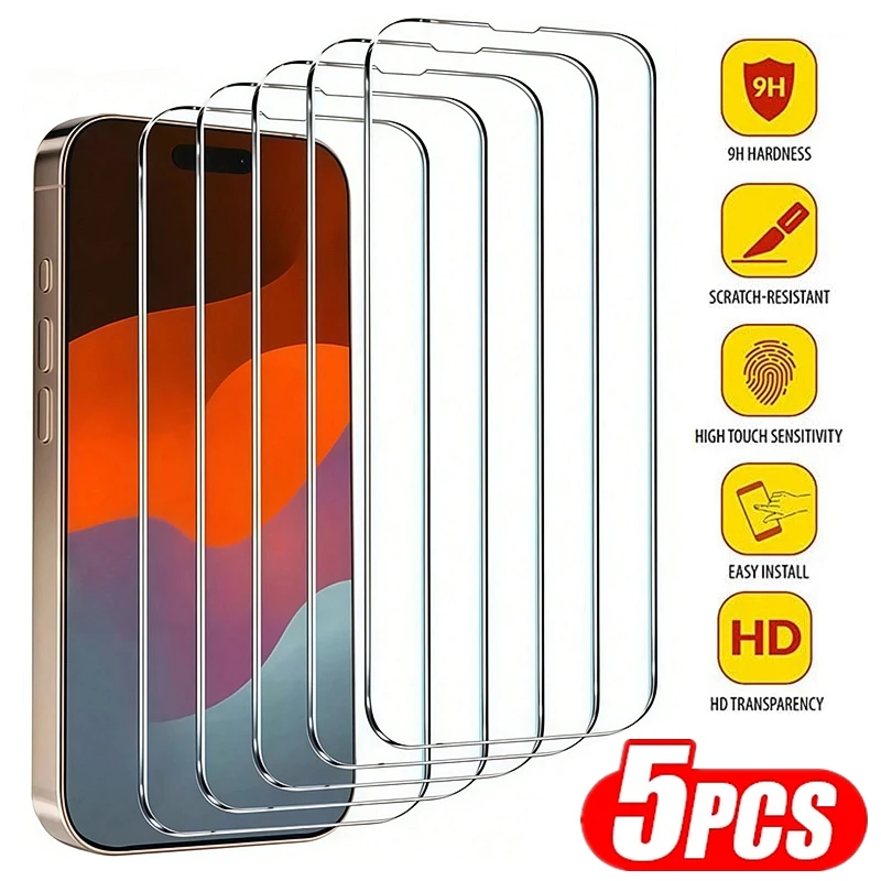 

5Pcs Clear HD Protective Glass For iPhone 17 16 15 14 11 12 13 Pro Max Mini Screen Protector For iPhone 15 16 Plus XR X XS Glass