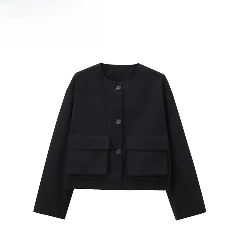 

ZBZA Autumn New Women's Faion Design ket Decorated Pilot Jaet Coat round Ne Polyester Fiber ort Outerwear
