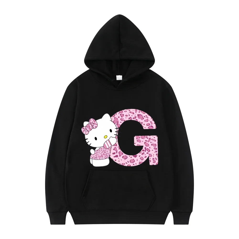 2024 Black Hello Kitty Letter A-Z Woman and Men Long-sleeved Hoodies Sanrio Hoodies Clothes Cartoon Clothes Kawaii Birthday Gift