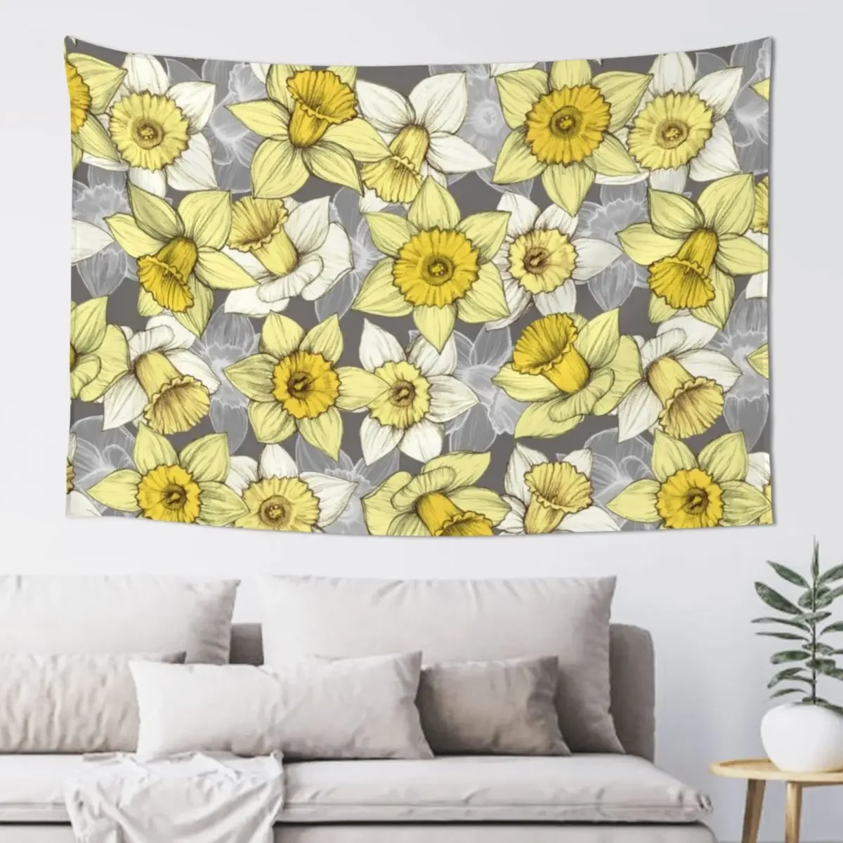 Daffodil Daze - yellow & grey daffodil illustration pattern Tapestry Wall Hanging Wall Decoration Items Tapestry