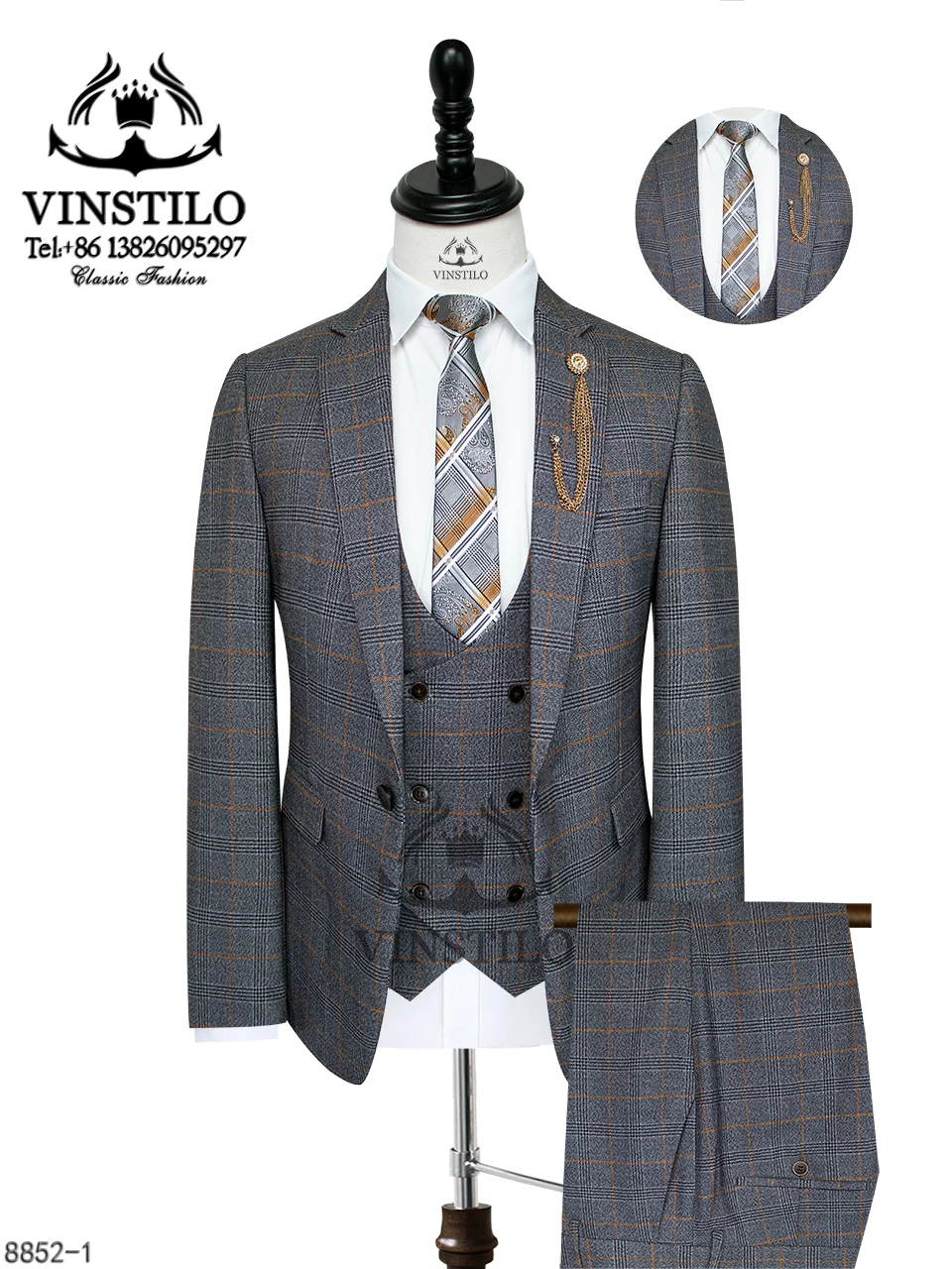 

VINSTILO Костюм мужской из 3 предметов, модная клетчатая ткань, заостренный отворот, деловая свадьба, вечеринка, певец, торжественные мероприятия