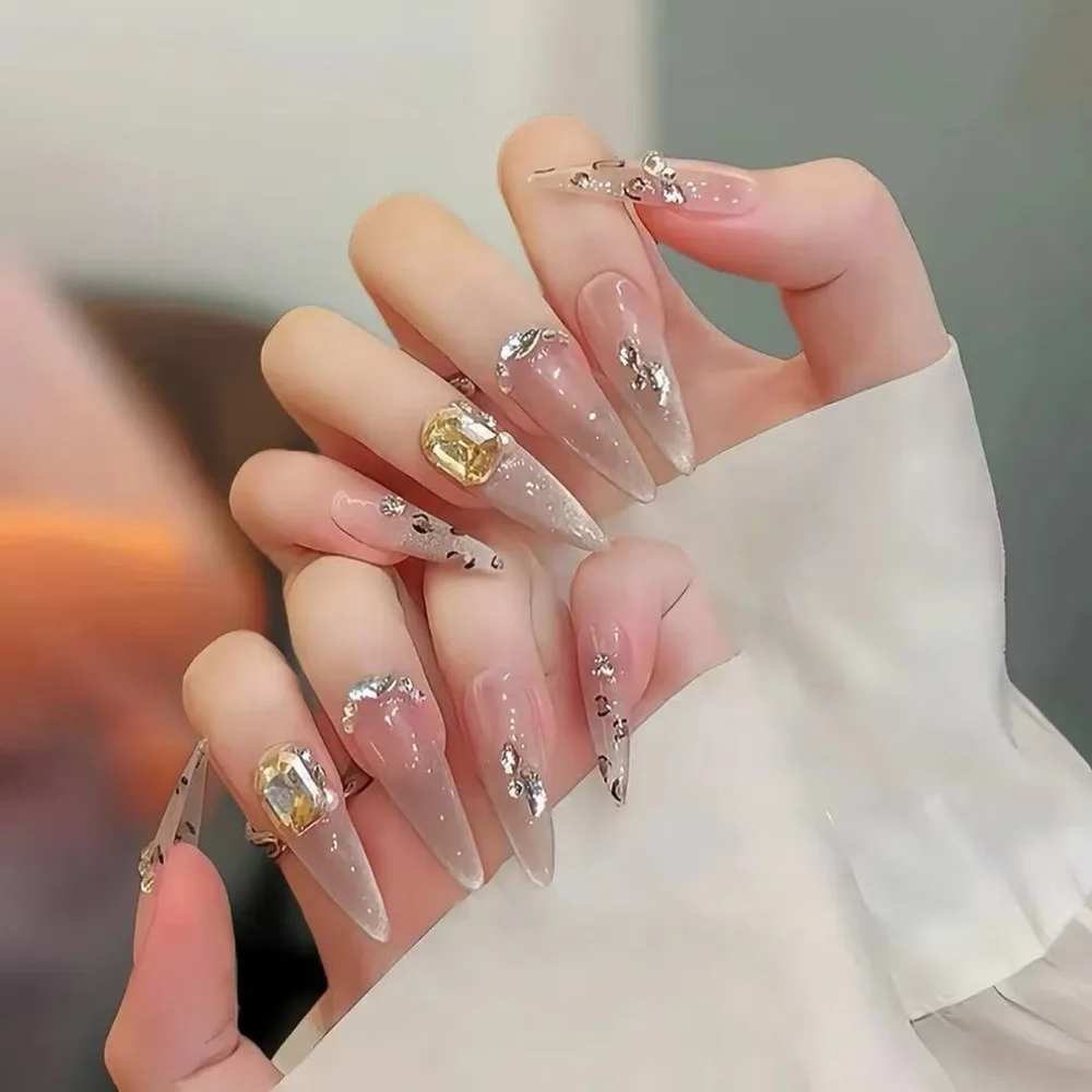 

30pcs Long Almond Stiletto False Nails French Sparkling Rhinestone Fake Nails Purple Love Heart Detachable Press on Nails DIY