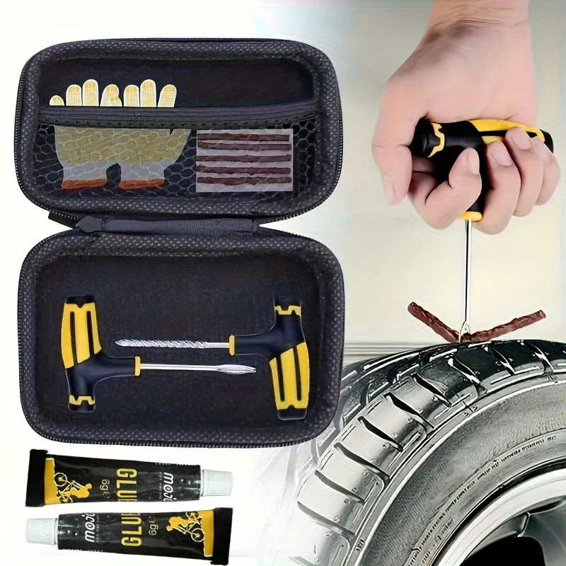 

Emergency Tire Repair Kit with Rubber Strips, Probe & Glue - Quick Roadside Fix for Cars, Motorcycles or Bikes, Portable