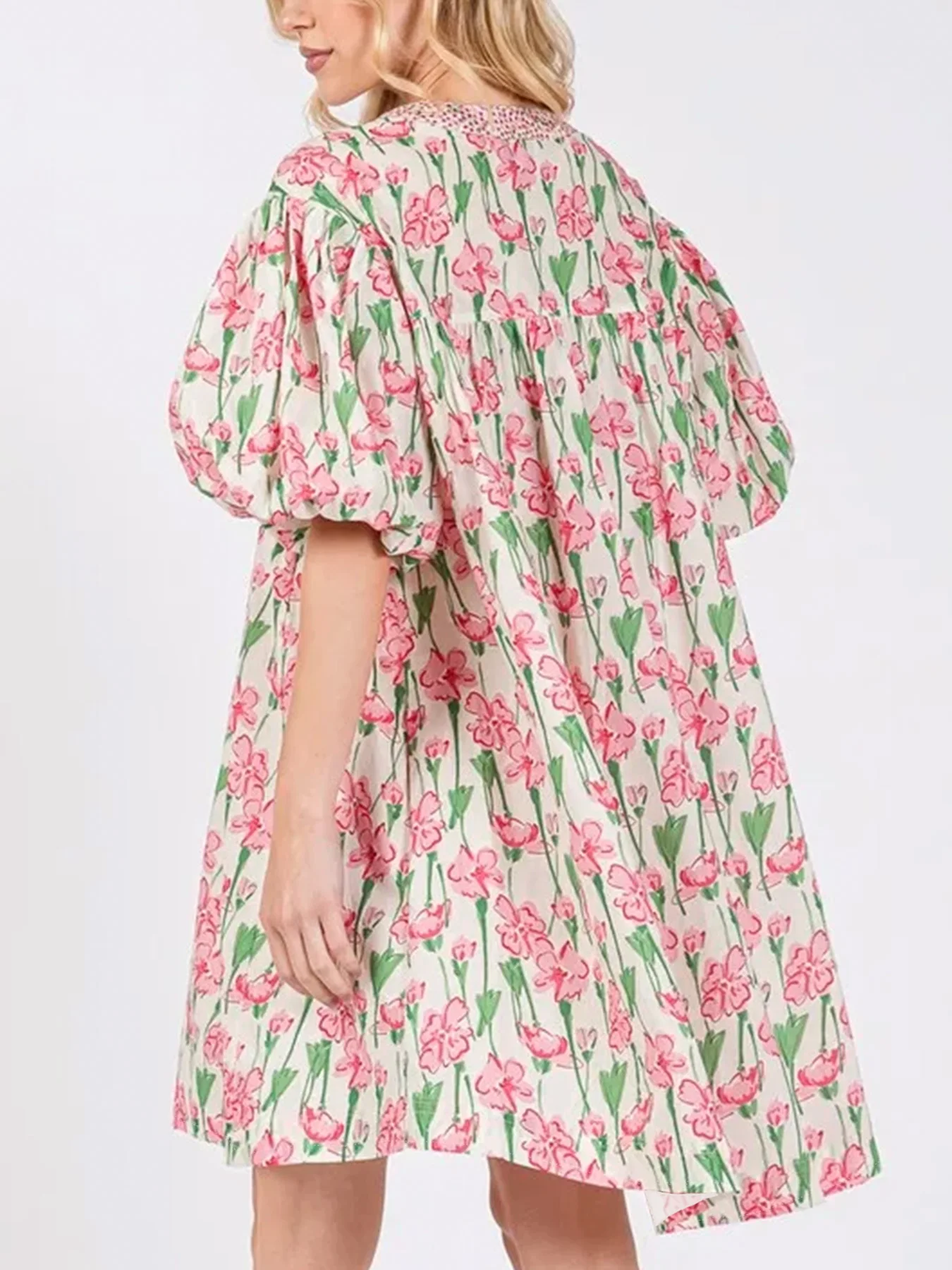플러스 사이즈 여성용 올 시즌 플로럴 프린트 드레스 핑크 스위트 브이넥 퍼프 슬리브 루즈핏 버튼 디테일 드레스
