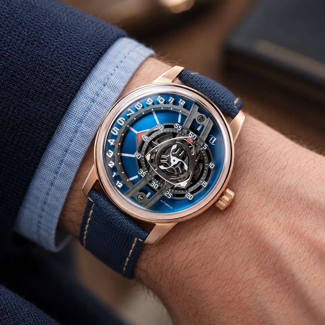 OBLVLO Men's 42mm Rose Gold Blue Dial Rotary Engine Style Automatic Watch Automatic Jump Hour Miyota 8215 Movement JM-Rotor