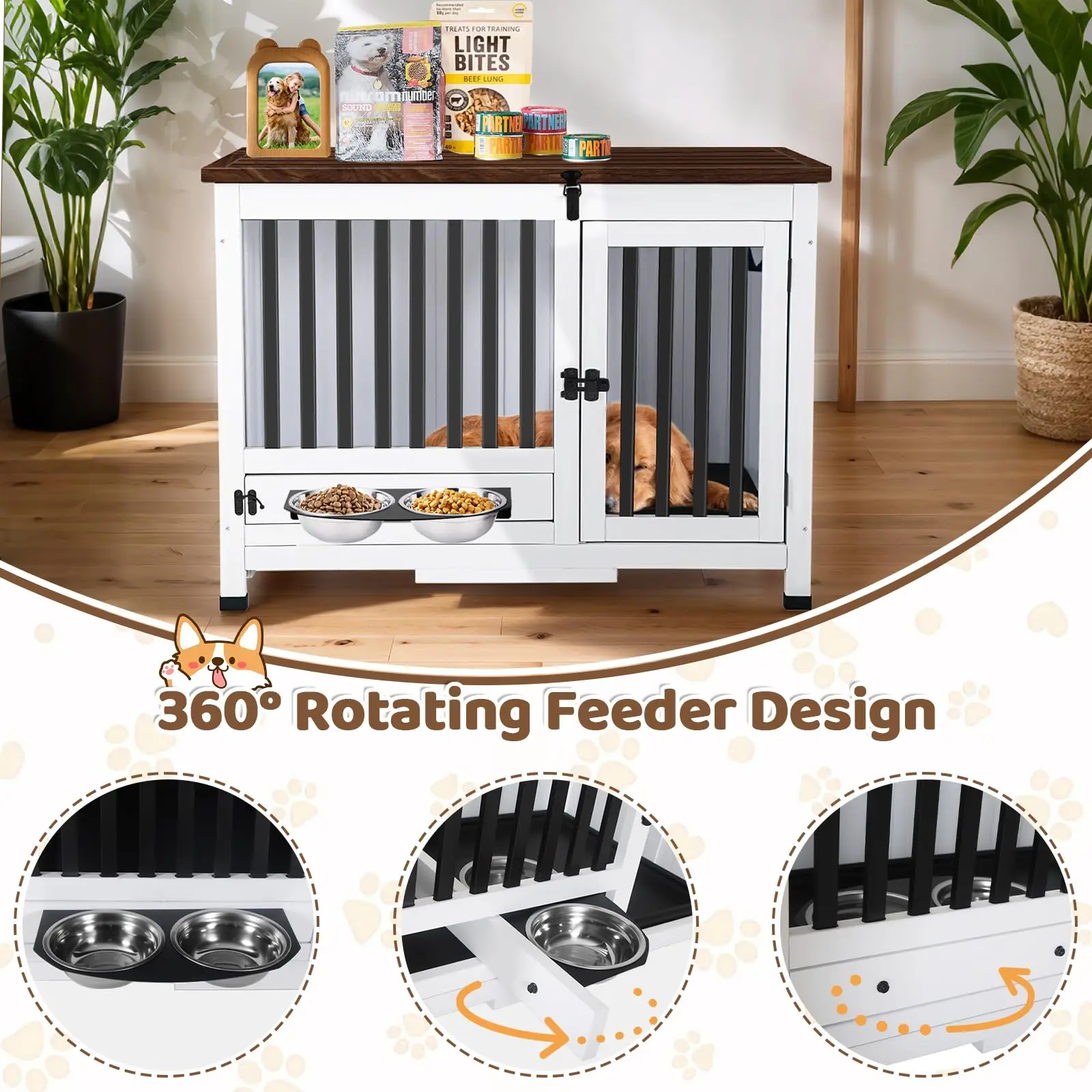 33.3 Inch Wooden Dog Crate Furniture - Multi-Functional Dog Crate Side Table with 360° Swivel Feeder for Small and