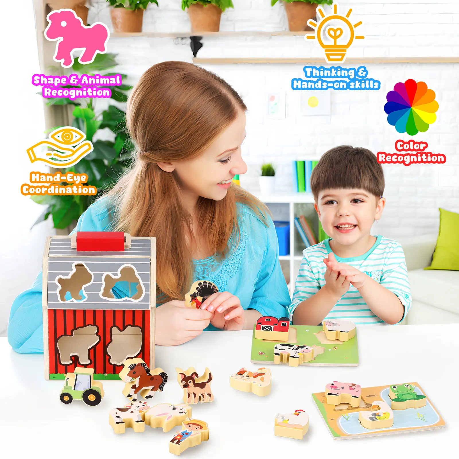 1 Set Kinder-Bauernhof-Tierspielset aus Holz mit Tierfiguren für Kinder im Alter von 2-5 Jahren, Kleinkinder, Jungen, Mädchen, pädagogisch wertvolles Montessori-Spielzeug