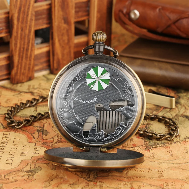 Antike Bronze-Taschenuhr mit Oktopus-Prägung und Quarzwerk, die das Lied „Castle in the Sky“ spielt – Detail 4