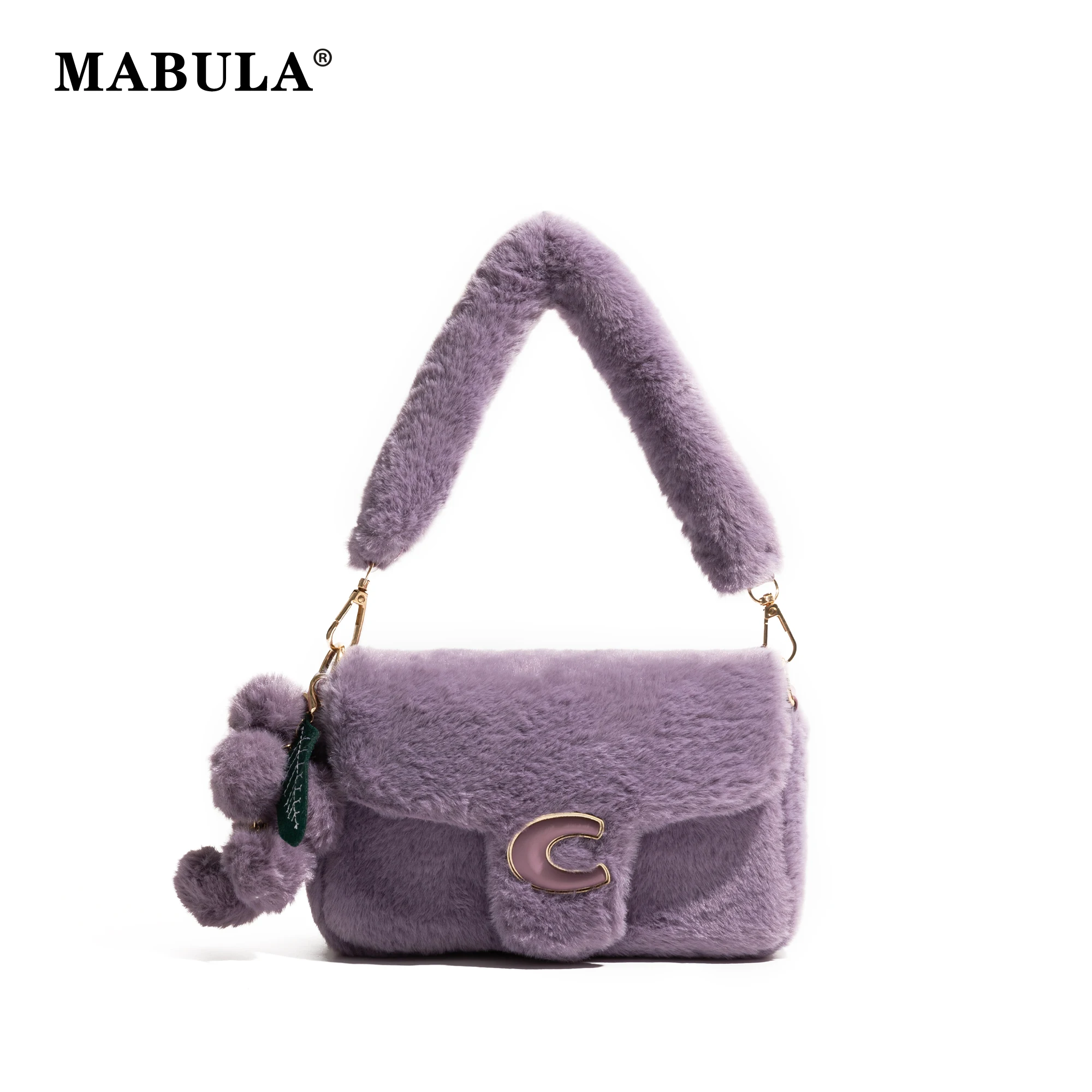 

MABULA Purple Plush Cell Phone Purse Fluffy Handle Small Hobos Handbag For Female Underarm Shoulder Bag Ladies Cute Message Bag