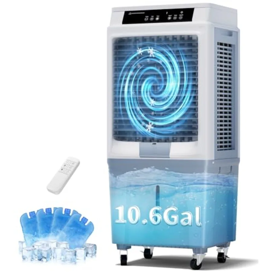 

Swamp Cooler for garage patio indoor/outdoor use, plastic housing, gray, 3880CFM cooling with 10.6 gal tank, 3 speeds, remote,