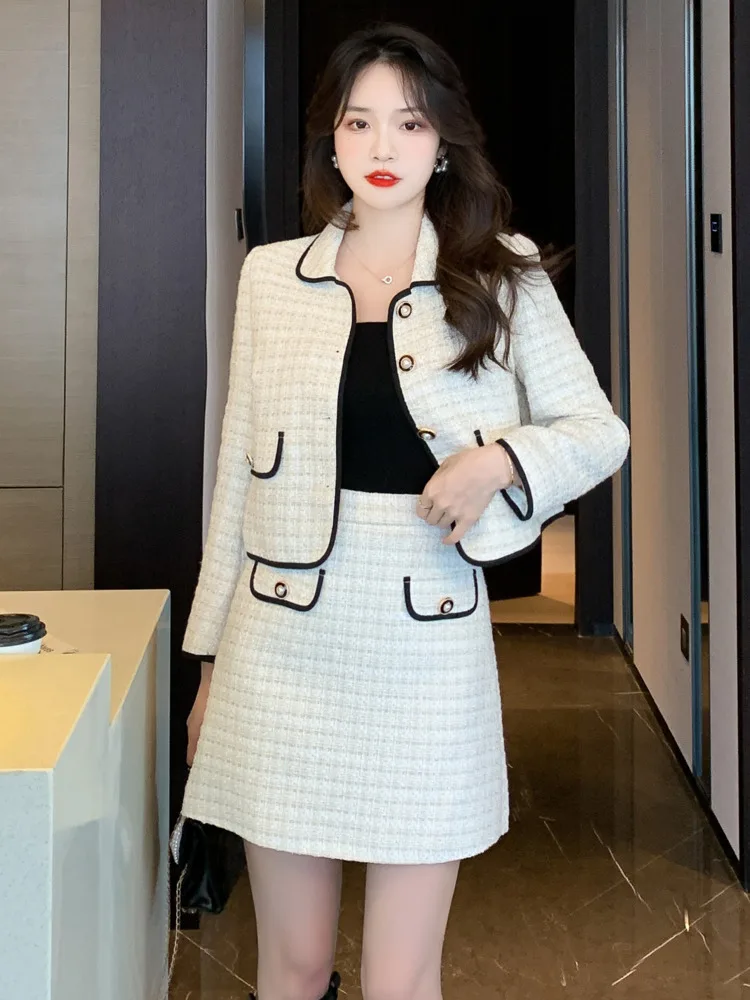 High Quality Fashion Design Small Fragrance Tweed 2 Piece Sets Women Outfit Short Jacket Coat + Skirt Suits French Two Piece Set