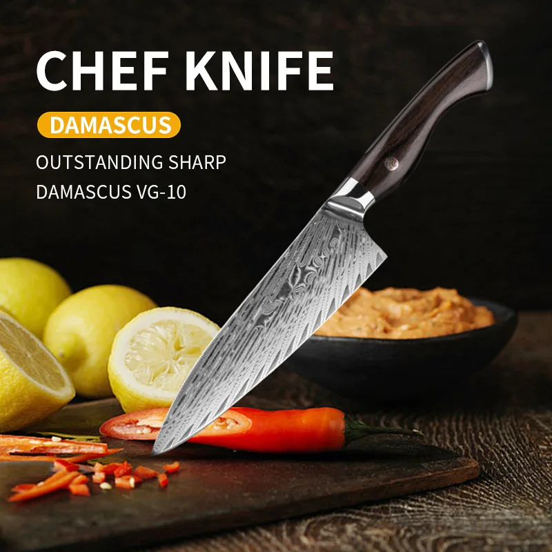 8 Inch Chef Knife Damascus VG10 Steel Blade Razor Sharp Cleaver Meat Slicing Vegetables Japanese Kitchen Knives Ebony Handle