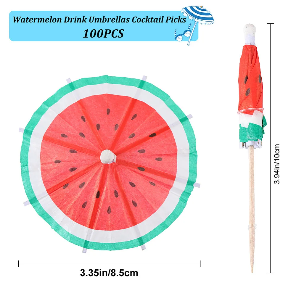 2 Bags Watermelon Pattern Umbrella Bamboo PET Plastic Toothpick Decorations for Fruits Appetizers Cocktails Red 85x100mm