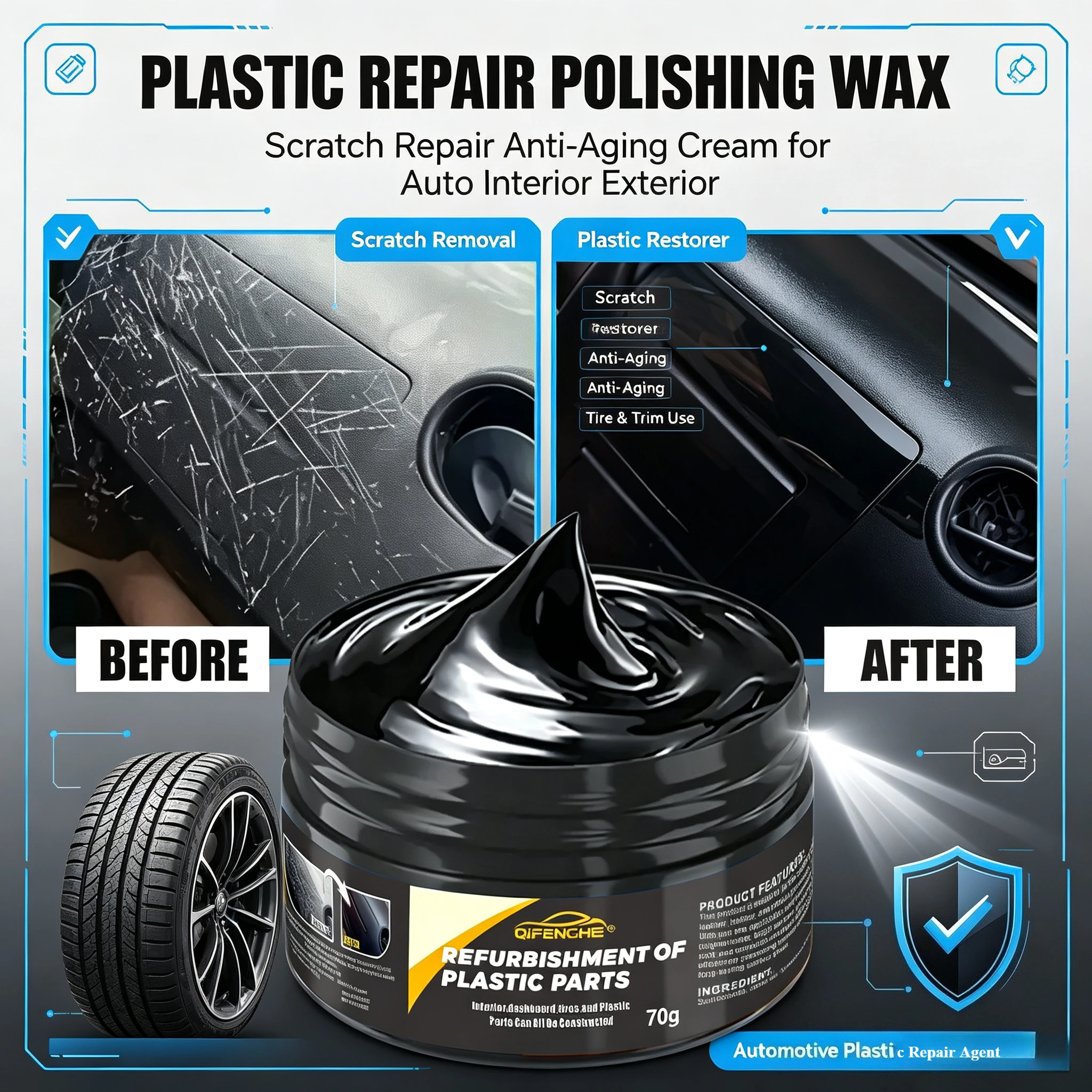 automotive plastic repair agent-interior and exterior plastic polishing wax, scratch repair anti-aging cream, suitable for tires