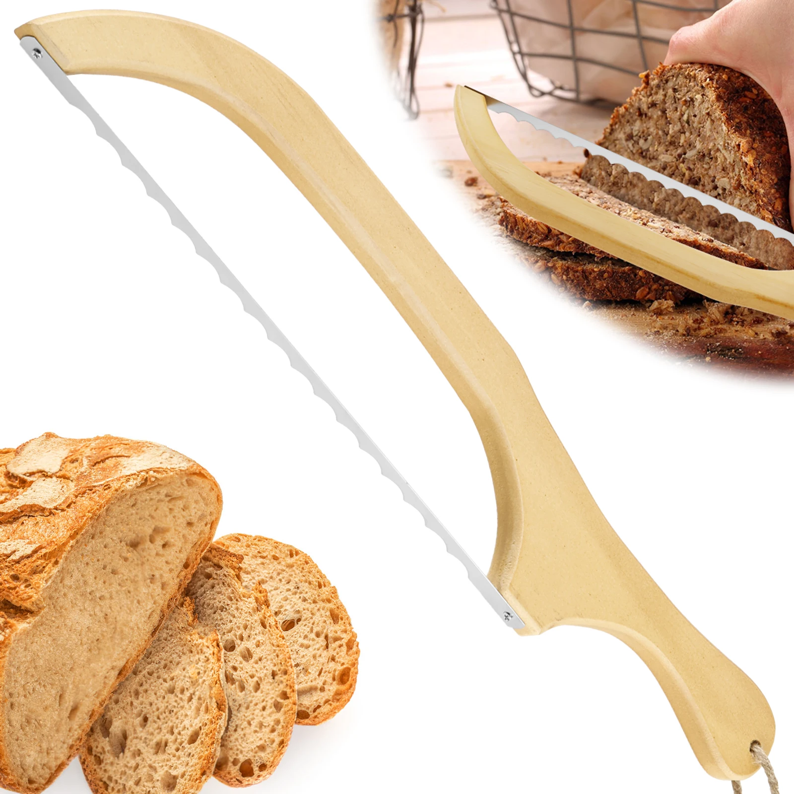 Bread Cutter Serrated Bagel Cutter Wooden Bread Bow Cutter with Stainless Steel Blade Sourdough Bread Slicer for Home Baking