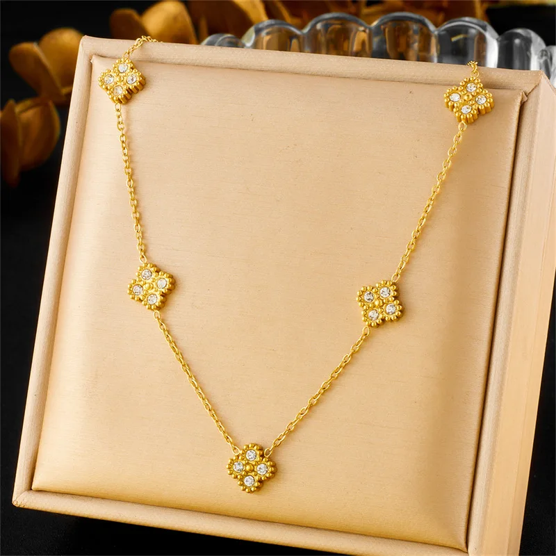 New Stainless Steel Zircon Flower Water Drop Necklace Bracelet Earrings Anklets Holiday Fashion Jewelry Set For Lady image 3