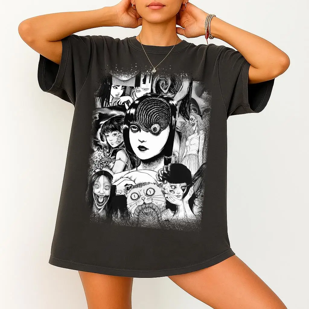 Tomoe Horror Anime T-shirt, 90s Gothic Comics, Weird Girl Printed Pattern T-shirt for Street Fashion Dressing