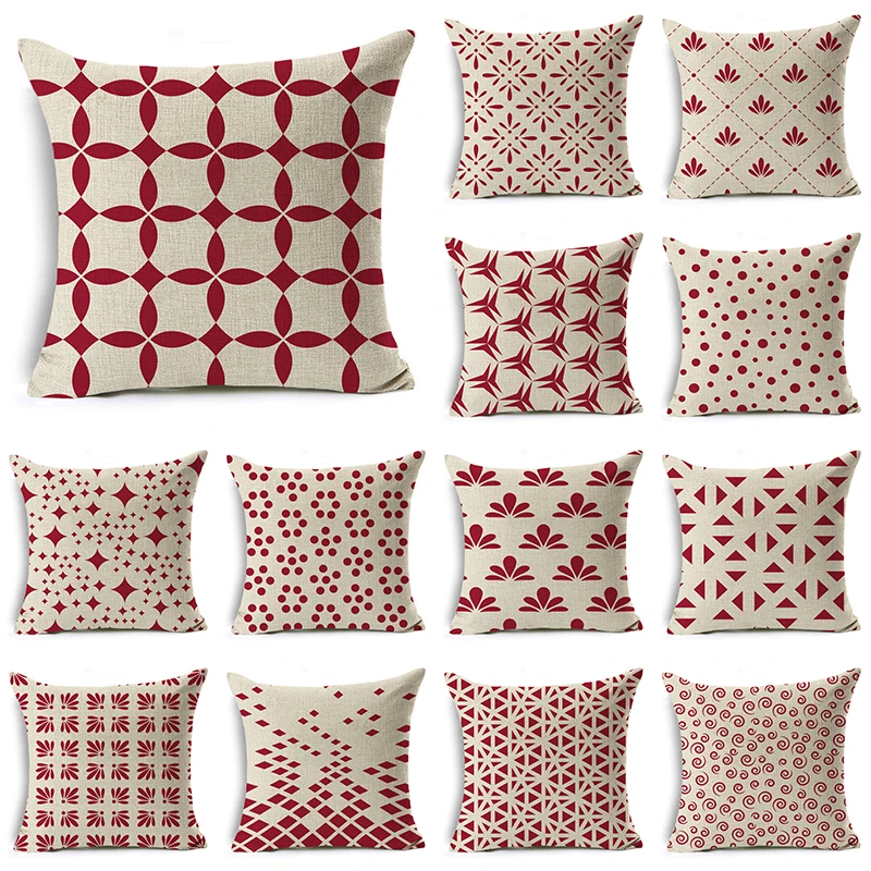 

Red and White Geometry Cushion Cover 45x45cm Linen Decorative Pillow Cover Sofa Bed Pillow Case