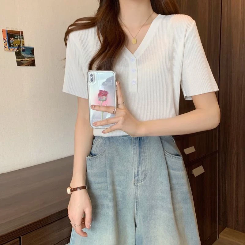 Summer Ice Silk V Neck Short Sleeve Women T Shirts Vertical Striped Fashion Casual All-match Tops Black White Oversized Clothing