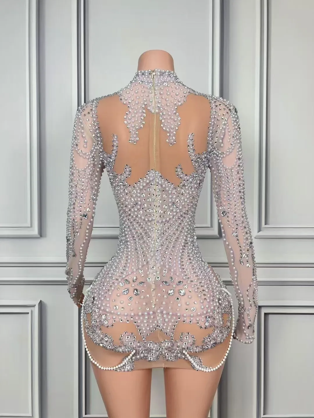 Luxurious Full Rhinestones Pearl Short Dress Women Evening Prom Celebrate Dress Sexy Mesh Transparent Singer Photoshoot Wear