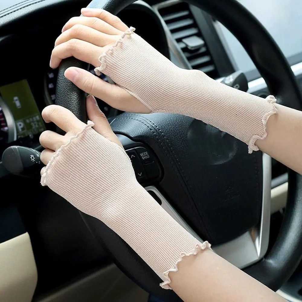 

Elegant Summer Breathable Cycling Driving Shinny Ruffle Transparent Fingerless Gloves Half Finger Gloves Mesh Women Mittens