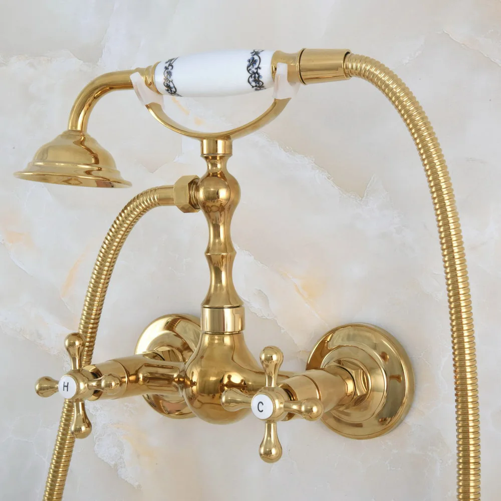 

Contemporary Gold Color Brass Wall Mounted Bathroom Shower Faucet Set with 150CM Hose Handheld Spray Head Mixer Tap Dna829