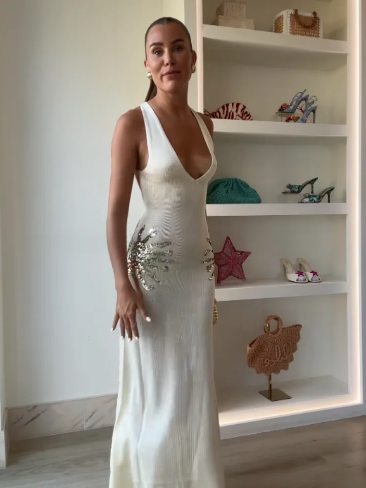 Sexy Hallow Out Knitted Long Dress Women Slim Sleeveless Tube Top Halter Holiday Dresses 2025 Summer Solid See Through Robe