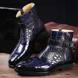 Blue Zipper Men Ankle Boots Business Buckle Strap Square Toe Motorcycle Boots Crocodile Pattern Leather Man Shoes Zapatos Hombre