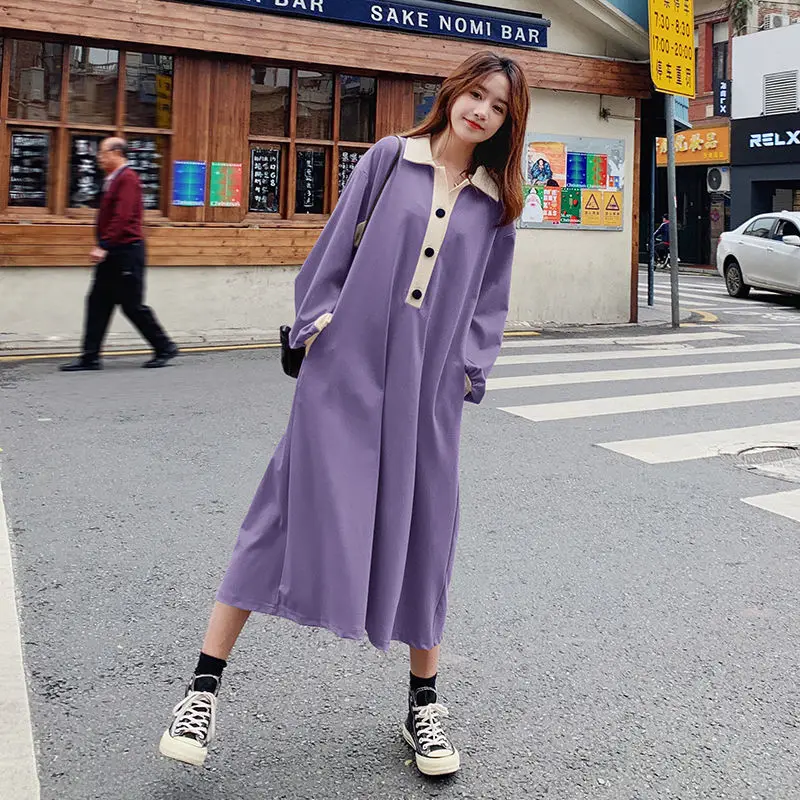 Spring New Contrast Patchwork Casual Dresses Long Sleeve Polo Neck Loose Plus Size Midi Dress Korean Fashion Women Clothing