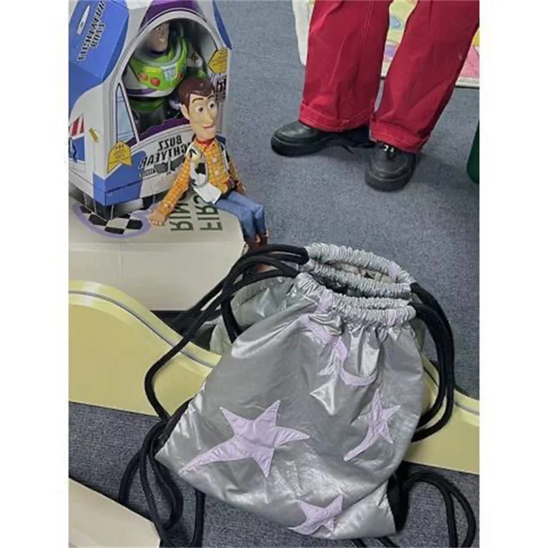 Women Y2K Drawstring Backpacks Korean Fashion Girls Silver Star Backpack Casual Book Bag Student Bags Kids Schoolbag Travel Bag