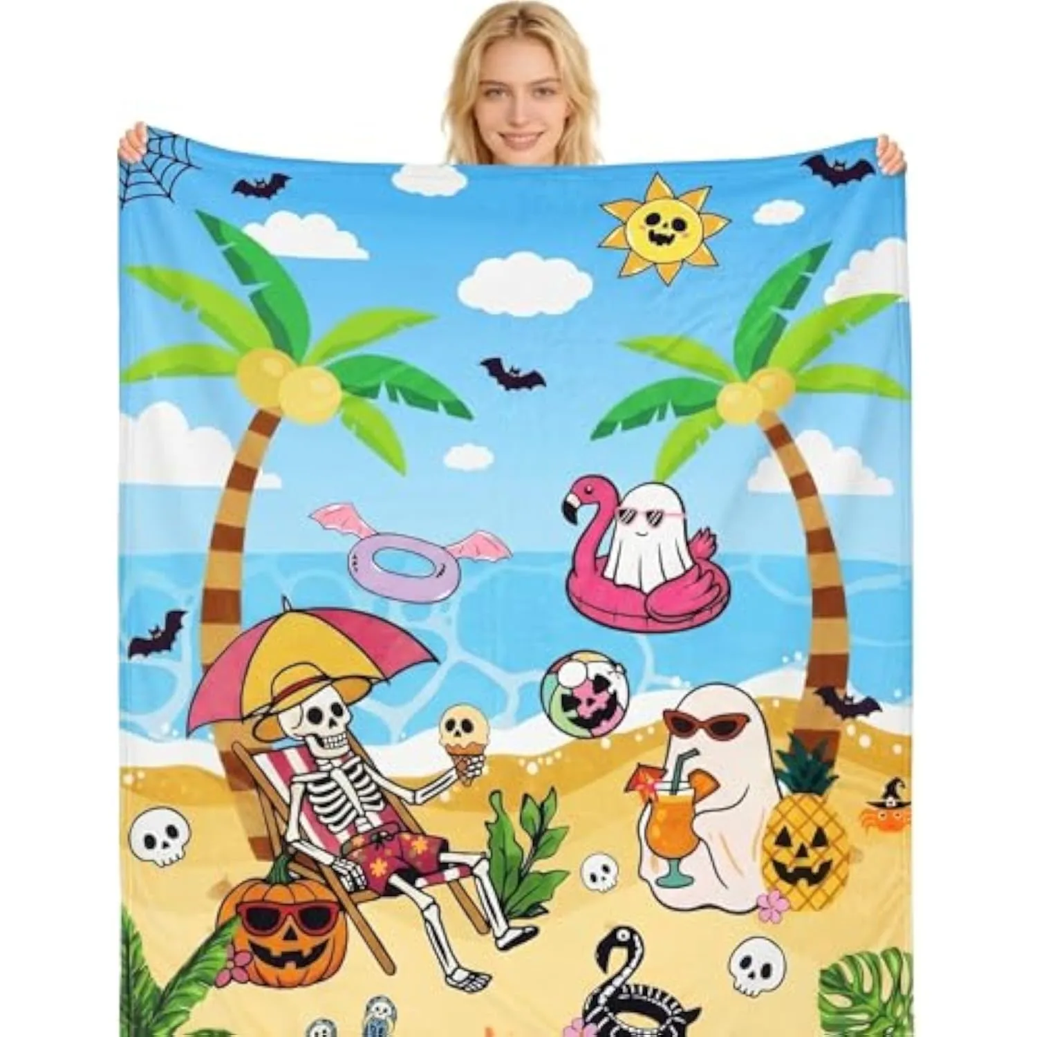 Summer Halloween Throw Blanket Soft Plush Skeleton Ghost Sea Ice Cream Webs Bat Pumpkin Blanket Cozy Flannel