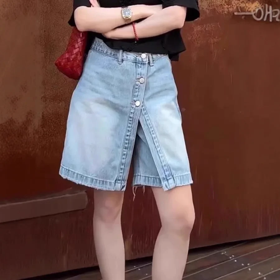 Lichtblauwe denim rok dames zomermode plus maat ontwerp gevoel nep tweedelige a-lijn minirok lage taille katoen